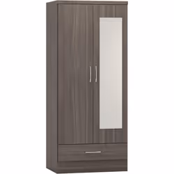 Nevada Mirrored 2 Door 1 Drawer Wardrobe Black Wood Grain Effect Hanging Rail