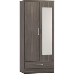 Nevada Mirrored 2 Door 1 Drawer Wardrobe Black Wood Grain Effect Hanging Rail