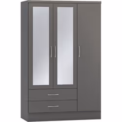 Nevada Mirrored Wardrobe 3 Door 2 Drawer Grey 3D Effect