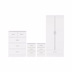 Nevada 4 Piece White Gloss Bedroom Set - 2 Door 1 Drawer Wardrobe, 5 Drawer Chest & 2 x 3 Drawer Bedside
