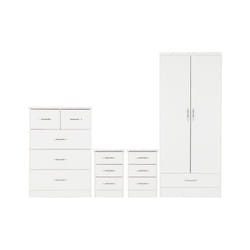 Nevada 4 Piece White Gloss Bedroom Set - 2 Door 1 Drawer Wardrobe, 5 Drawer Chest & 2 x 3 Drawer Bedside