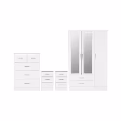Nevada 4 Piece White Gloss Bedroom Set - 3 Door 2 Drawer Mirrored Wardrobe, 5 Drawer Chest & 2 x 3 Drawer Bedside
