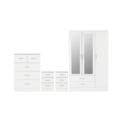 Nevada 4 Piece White Gloss Bedroom Set - 3 Door 2 Drawer Mirrored Wardrobe, 5 Drawer Chest & 2 x 3 Drawer Bedside