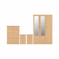 Nevada 4 Piece Sonoma Oak Bedroom Set - 3 Door 2 Drawer Mirrored Wardrobe, 5 Drawer Chest & 2 x 3 Drawer Bedside