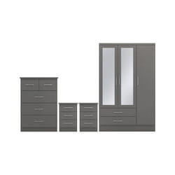 Nevada 4 Piece 3D Effect Grey Bedroom Set - 3 Door 2 Drawer Mirrored Wardrobe, 5 Drawer Chest & 2 x 3 Drawer Bedside
