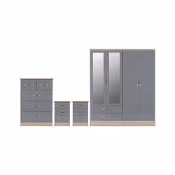 Nevada 4 Piece Grey Gloss Bedroom Set - 4 Door 2 Drawer Mirrored Wardrobe, 5 Drawer Chest & 2 x 3 Drawer Bedside