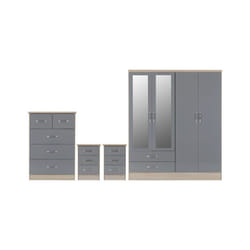 Nevada 4 Piece Grey Gloss Bedroom Set - 4 Door 2 Drawer Mirrored Wardrobe, 5 Drawer Chest & 2 x 3 Drawer Bedside
