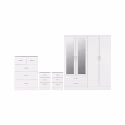 Nevada 4 Piece White Gloss Bedroom Set - 4 Door 2 Drawer Mirrored Wardrobe, 5 Drawer Chest & 2 x 3 Drawer Bedside