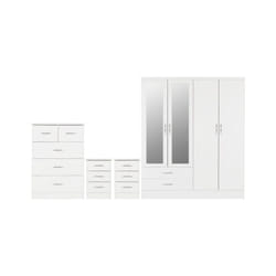 Nevada 4 Piece White Gloss Bedroom Set - 4 Door 2 Drawer Mirrored Wardrobe, 5 Drawer Chest & 2 x 3 Drawer Bedside