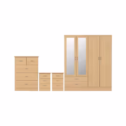 Nevada 4 Piece Sonoma Oak Bedroom Set - 4 Door 2 Drawer Mirrored Wardrobe, 5 Drawer Chest & 2 x 3 Drawer Bedside
