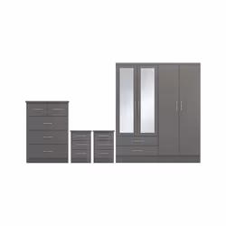 Nevada 4 Piece 3D Effect Grey Bedroom Set - 4 Door 2 Drawer Mirrored Wardrobe, 5 Drawer Chest & 2 x 3 Drawer Bedside