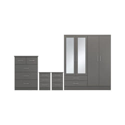 Nevada 4 Piece 3D Effect Grey Bedroom Set - 4 Door 2 Drawer Mirrored Wardrobe, 5 Drawer Chest & 2 x 3 Drawer Bedside