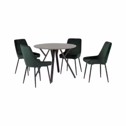 Athens Concrete Effect/Black Round Dining Set with Avery Chairs - Table with 4 Chairs - Emerald Green Velvet