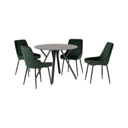 Athens Concrete Effect/Black Round Dining Set with Avery Chairs - Table with 4 Chairs - Emerald Green Velvet