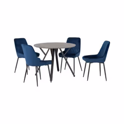 Athens Concrete Effect/Black Round Dining Set with Avery Chairs - Table with 4 Chairs - Sapphire Blue Velvet