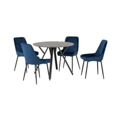 Athens Concrete Effect/Black Round Dining Set with Avery Chairs - Table with 4 Chairs - Sapphire Blue Velvet