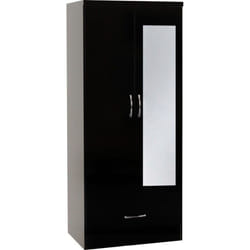 Nevada Mirrored 2 Door 1 Drawer Robe in Black Gloss Finish