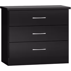 Nevada 3 Drawer Chest of Drawers in Black Gloss Finish Metal Runners Handles
