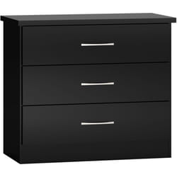 Nevada 3 Drawer Chest of Drawers in Black Gloss Finish Metal Runners Handles