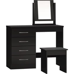 Nevada 4 Drawer Dressing Table Set Mirror Stool in Black Gloss Finish PU Leather
