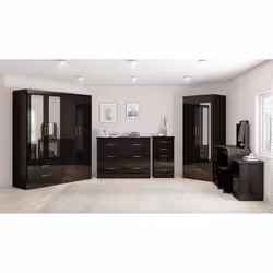 Nevada 4 Drawer Dressing Table Set Mirror Stool in Black Gloss Finish PU Leather