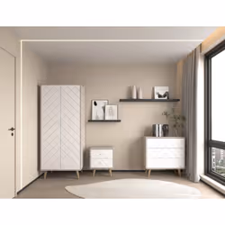 Dixie Bedroom Set Wardrobe Chest of Drawers Bedside in Dusty Grey and White
