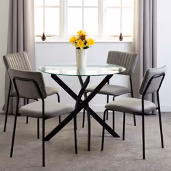Sheldon Round Clear Glass Top Dining Set with 4 Grey Velvet Fabric Chairs