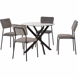 Sheldon Round Clear Glass Top Dining Set with 4 Grey Velvet Fabric Chairs