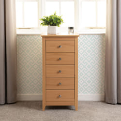 Oslo 5 Drawer Narrow Chest in Pine Effect Finish