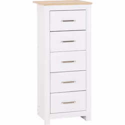 Portland 5 Drawer Narrow Chest in White with Oak Effect Finish