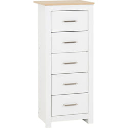Portland 5 Drawer Narrow Chest in White with Oak Effect Finish