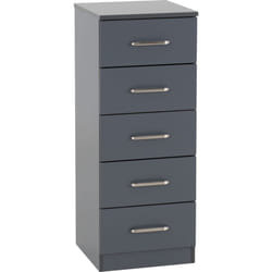 Dakota 5 Drawer Narrow Chest of Drawers Grey Metal Drawer Runners Handles