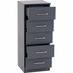 Dakota 5 Drawer Narrow Chest of Drawers Grey Metal Drawer Runners Handles