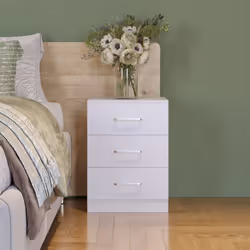 Dakota 3 Drawer Bedside White Metal Drawer Runners and Handles