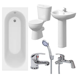 Bathroom Suite 1600mm White Curved Bath Toilet WC Basin Sink Tap Shower Mixer