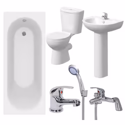 Bathroom Suite 1500mm White Curved Bath Toilet WC Basin Sink Tap Shower Mixer