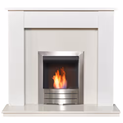 Adam Buxton Pure White & White Marble Fireplace with Colorado Bio Ethanol Fire in Brushed Steel, 48 Inch