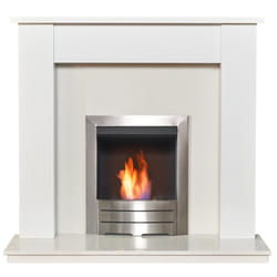Adam Buxton Pure White & White Marble Fireplace with Colorado Bio Ethanol Fire in Brushed Steel, 48 Inch