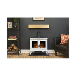 Adam Oak Beam, Hearth & Stove Pipe with Woodhouse Stove in White
