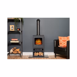 Adam Bergen XL Electric Stove in Charcoal Grey with Tall Angled Stove Pipe in Black