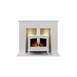 Adam Corinth Stove Fireplace in Pure White & Grey with Downlights & Woodhouse Electric Stove in Pure White, 48 Inch
