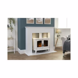 Adam Corinth Stove Fireplace in Pure White & Grey with Downlights & Woodhouse Electric Stove in Pure White, 48 Inch