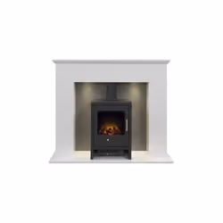 Adam Corinth Stove Fireplace in Pure White & Grey with Downlights & Bergen Electric Stove in Charcoal Grey, 48 Inch