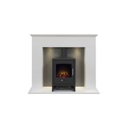 Adam Corinth Stove Fireplace in Pure White & Grey with Downlights & Bergen Electric Stove in Charcoal Grey, 48 Inch