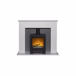Adam Corinth Stove Fireplace in Pure White & Grey with Downlights & Lunar Electric Stove in Charcoal Grey, 48 Inch
