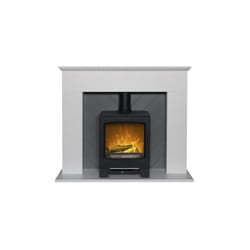 Adam Corinth Stove Fireplace in Pure White & Grey with Downlights & Lunar Electric Stove in Charcoal Grey, 48 Inch