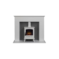 Adam Corinth Stove Fireplace in Pure White & Grey with Downlights & Aviemore Electric Stove in White, 48 Inch