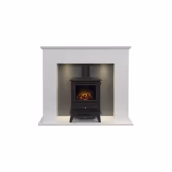 Adam Corinth Stove Fireplace in Pure White & Grey with Downlights & Hudson Electric Stove in Black, 48 Inch