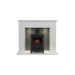 Adam Corinth Stove Fireplace in Pure White & Grey with Downlights & Hudson Electric Stove in Black, 48 Inch