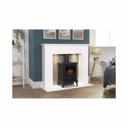 Adam Corinth Stove Fireplace in Pure White & Grey with Downlights & Hudson Electric Stove in Black, 48 Inch